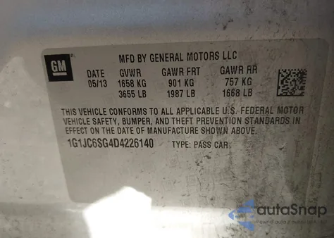 2013 Chevrolet Sonic Lt Auto из США, поврежденный, VIN 1G1JC6SG4D4226140